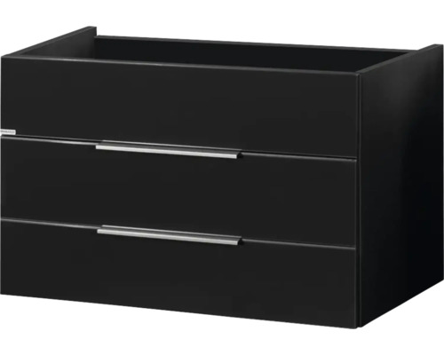 Waschbeckenunterschrank mit zwei Laden und silberfarbenen Griffleisten in Schwarz.