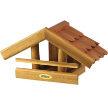 Vogelfutterhaus aus Holz mit Giebeldach, Schindeln und Anflugstange. dobar Logo.