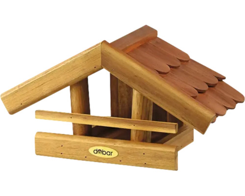 Vogelfutterhaus aus Holz mit Giebeldach, Schindeln und Anflugstange. dobar Logo.