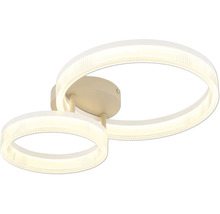 Moderne LED-Deckenleuchte mit zwei ineinandergreifenden, leuchtenden Ringen und runder Metallhalterung.
