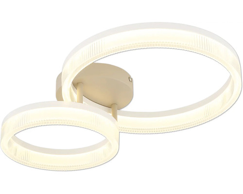 Moderne LED-Deckenleuchte mit zwei ineinandergreifenden, leuchtenden Ringen und runder Metallhalterung.