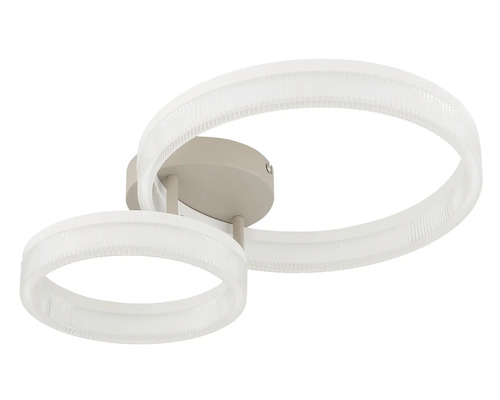 Moderne LED-Deckenleuchte bestehend aus zwei ineinander verschlungenen Ringen mit geriffelter Struktur und einem runden Sockel.