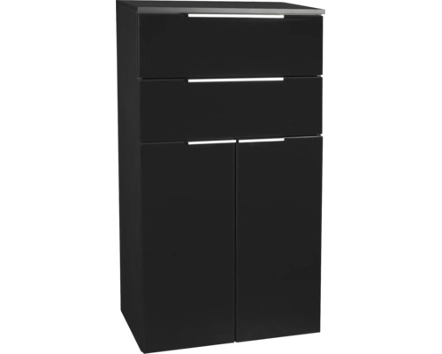 Schwarzer Bad-Seitenschrank mit zwei Schubladen und zwei Türen sowie modernen Griffleisten.