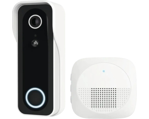 Smarte Video-Türsprechanlage mit Kamera und kabellosem Türgong, weiß.