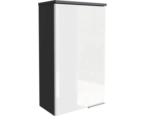 Bad-Hängeschrank mit weißer Hochglanzfront und dunklem Korpus, minimalistisches Design mit Griffleiste unten.