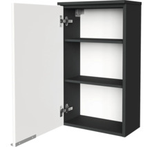 Oberschrank mit geöffneter weißer Tür, zwei Fachböden und Korpus in Anthrazit.
