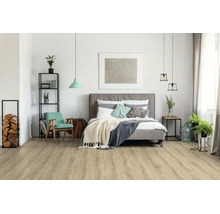 Helles Schlafzimmer mit Laminatboden in Eichenoptik, grauem Polsterbett und modernem Dekor. Hell, geräumig und organisiert.