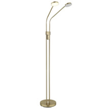 Zweiflammige LED Stehlampe in Messingoptik mit flexiblen Armen und rundem Standfuss.