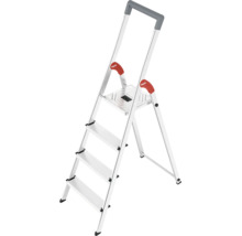 Hailo Aluminium-Sicherheitsstufenstehleiter mit 5 Stufen, Sicherheitsbügel und roten Haltegriffen.