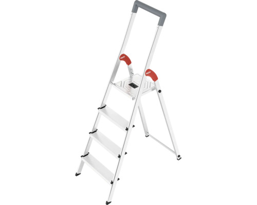 Hailo Aluminium-Sicherheitsstufenstehleiter mit 5 Stufen, Sicherheitsbügel und roten Haltegriffen.