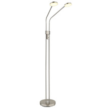 Moderne LED Stehleuchte mit zwei flexiblen Armen und runden Leuchtenköpfen in Metalloptik.