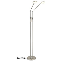 Moderne LED-Stehleuchte aus Metall mit zwei verstellbaren, runden Lichtköpfen und einem runden Standfuß.