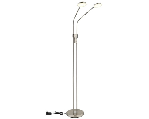 Moderne LED-Stehleuchte aus Metall mit zwei verstellbaren, runden Lichtköpfen und einem runden Standfuß.