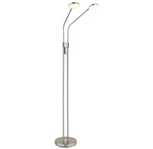 Zweiflammige LED Stehleuchte aus Metall mit flexibel verstellbaren Armen und runder Basis.