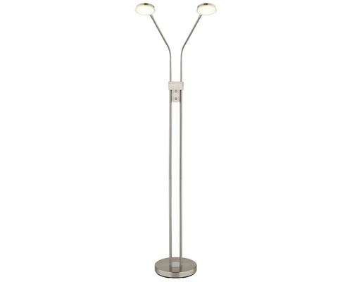 Zweiflammige LED-Stehleuchte aus Metall mit flexiblen Armen und rundem Standfuß.