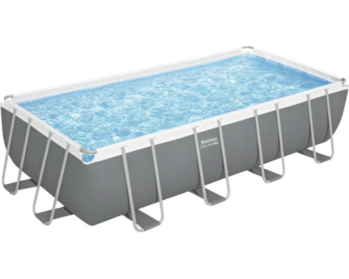 Rechteckiger Bestway Steel Pro MAX Aufstellpool mit grauem Rahmen und weißem Rand, mit Wasser gefüllt.