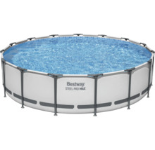 Rundes Bestway Steel Pro MAX Frame Pool Set mit Stahlrahmen und Außenwand, gefüllt mit Wasser.