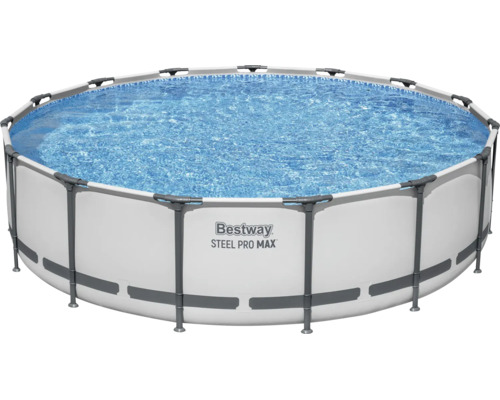 Rundes Bestway Steel Pro MAX Frame Pool Set mit Stahlrahmen und Außenwand, gefüllt mit Wasser.