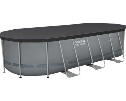 Bestway Steel Pro Max Aufstellpool in ovaler Form mit Abdeckplane und stabilen Stahlrohrstützen.
