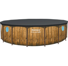 Bestway Steel Pro MAX Aufstellpool in Holzoptik mit runden Bullaugen und schwarzer Abdeckung.