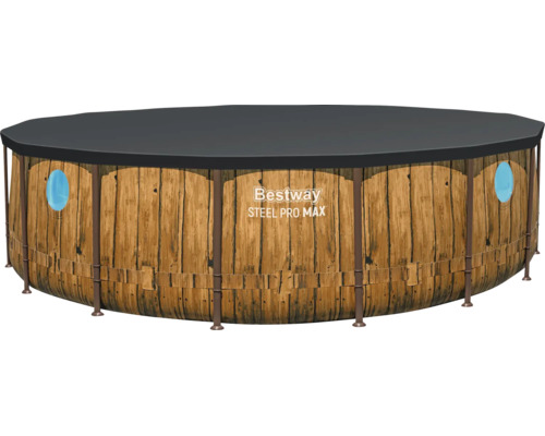 Bestway Steel Pro MAX Aufstellpool in Holzoptik mit runden Bullaugen und schwarzer Abdeckung.