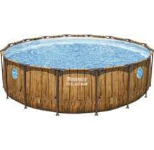 Bestway Steel Pro MAX Aufstellpool in Holzoptik mit Sichtfenstern und Stahlrahmen.