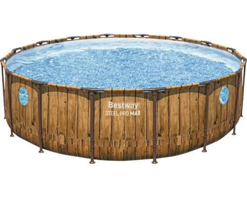 Bestway Steel Pro MAX Aufstellpool in Holzoptik mit Sichtfenstern und Stahlrahmen.