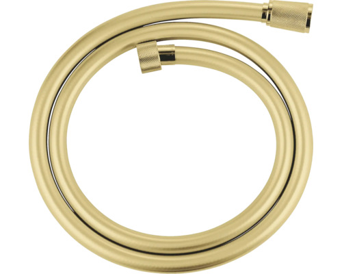 Brauseschlauch in Goldoptik mit Metallanschlüssen, aufgerollt.