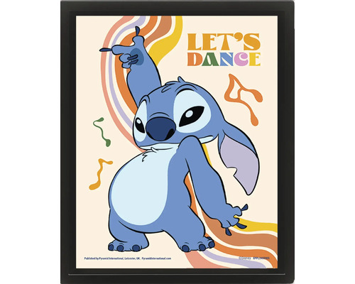 Gerahmtes Poster mit der Disney Figur Stitch beim Tanzen, bunten Wellenlinien, dem Schriftzug Lets Dance und Disney Logo.