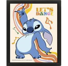 Gerahmtes Poster mit Disney Charakter Stitch, Schriftzug Let's Dance und retro Wellenmuster.