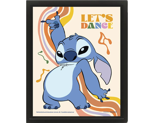 Gerahmtes Poster mit Disney Charakter Stitch, Schriftzug Let's Dance und retro Wellenmuster.