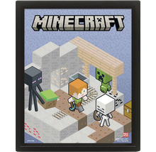 Gerahmtes Minecraft Poster mit den Charakteren Alex, Enderman, Creeper und Skelett in einer isometrischen Spielszene.