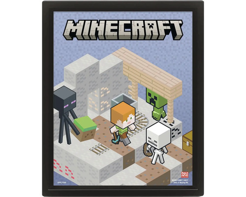 Gerahmtes Minecraft Poster mit den Charakteren Alex, Enderman, Creeper und Skelett in einer isometrischen Spielszene.