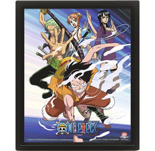 3D-Lentikularposter One Piece mit den Charakteren Luffy, Zoro, Nami und Robin in einem schwarzen Rahmen mit One Piece Logo.