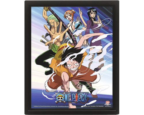 3D-Lentikularposter One Piece mit den Charakteren Luffy, Zoro, Nami und Robin in einem schwarzen Rahmen mit One Piece Logo.