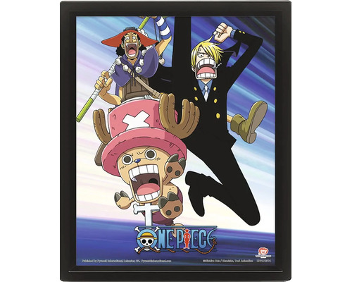 Dreidimensionales Poster One Piece mit den Charakteren Usopp, Sanji und Chopper in einem schwarzen Rahmen.