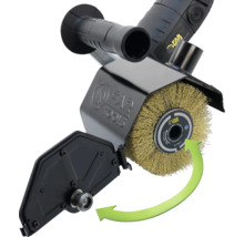 Far Tools Renoviermaschine mit Drahtbürstenaufsatz und verstellbarer Schutzabdeckung.