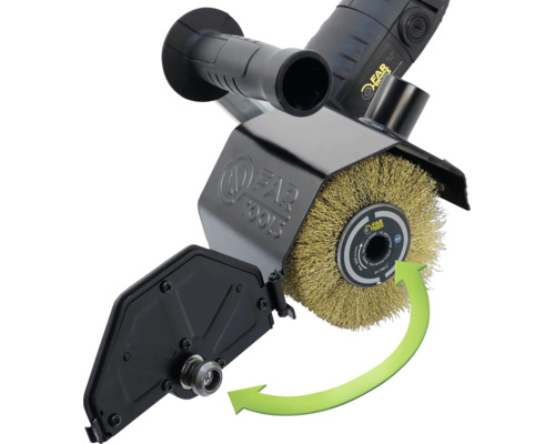 Far Tools Renoviermaschine mit Drahtbürstenaufsatz und verstellbarer Schutzabdeckung.