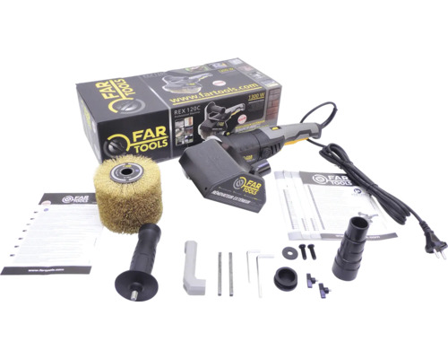 Far Tools Renovierungsmaschine REX 120 C Set mit Far Tools Logo, Drahtbürste, Handgriffen, Zubehör und Originalverpackung.
