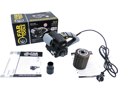Far Tools REX 80 Renovierer Set mit 420 Watt, Bürstwalze, Absaugstutzen, Bedienungsanleitung und Originalverpackung.