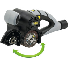 Far Tools Renovator mit Lamellenschleifrolle, Handgriff und Absaugstutzen. Ein Pfeil zeigt die Drehrichtung an.