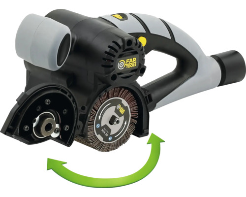 Far Tools Renovator mit Lamellenschleifrolle, Handgriff und Absaugstutzen. Ein Pfeil zeigt die Drehrichtung an.