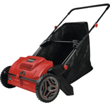 Einhell Elektro-Vertikutierer in Rot und Schwarz mit Fangkorb und Rädern.
