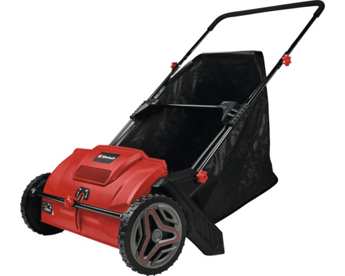 Einhell Elektro-Vertikutierer in Rot und Schwarz mit Fangkorb und Rädern.
