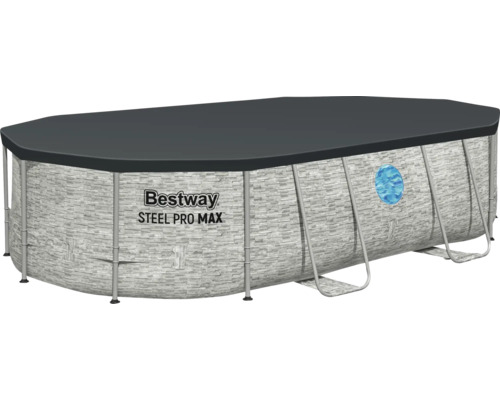 Bestway Steel Pro Max Aufstellpool mit Außenwand in Steinoptik und passender Abdeckplane.