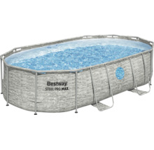Ovaler Bestway Steel Pro Max Aufstellpool in Steinoptik mit Metallrahmen und Wasserfüllung.
