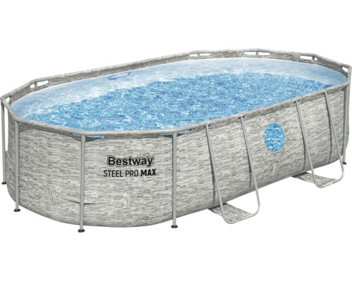 Ovaler Bestway Steel Pro Max Aufstellpool in Steinoptik mit Metallrahmen und Wasserfüllung.