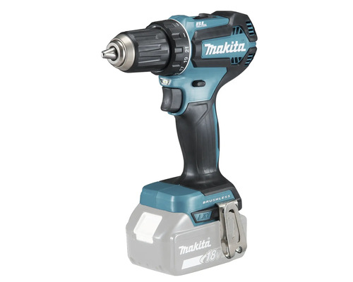 Makita Akku-Bohrschrauber 18 Volt mit bürstenlosem Motor, Schnellspannbohrfutter, Gürtelclip und Makita Logo.