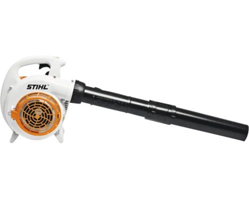 Weißer und oranger STIHL Laubbläser aus Kunststoff mit langem schwarzem Blasrohr und STIHL Logo zur Gartenpflege.