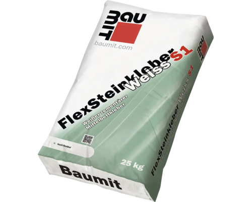 Baumit FlexSteinkleber Weiss S1, weißer zementärer Mittelbettkleber, hochflexibel, 25 Kilogramm Sack